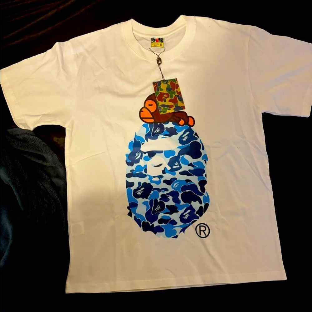 Bape White Tee with Blue Camo Ape Head